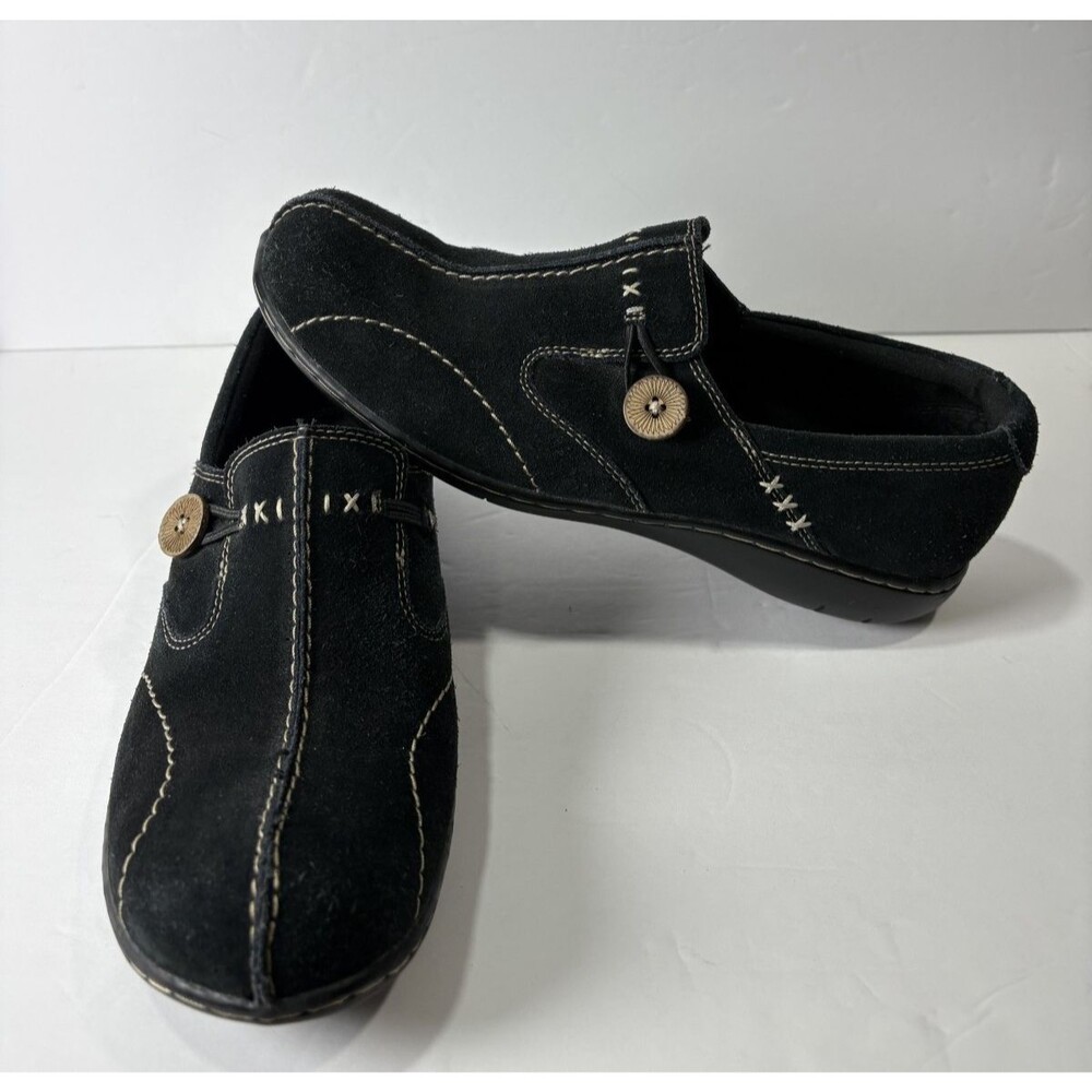 Clarks Women's Suede Black Slip On Loafers Shoes Sz 8.5